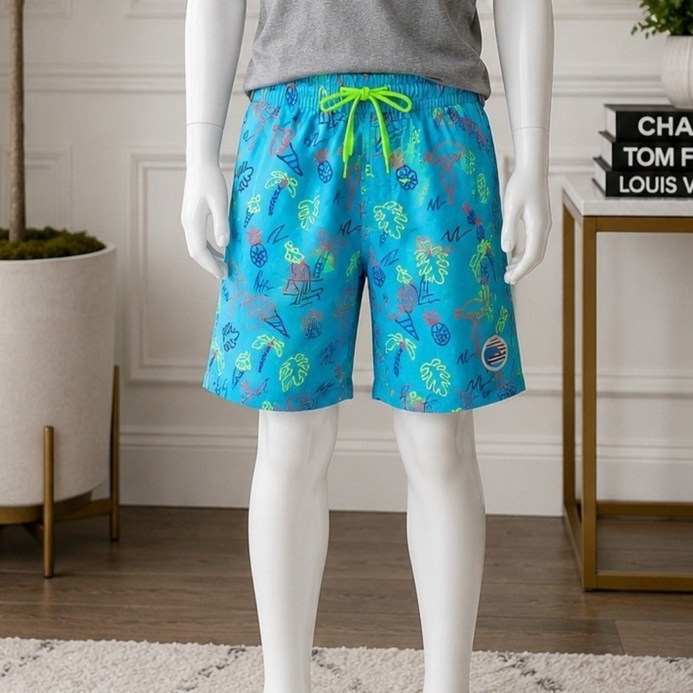 Laguna Boys Swim Trunks Tropical Flamingo Print Blue Neon Drawstring M 10/12